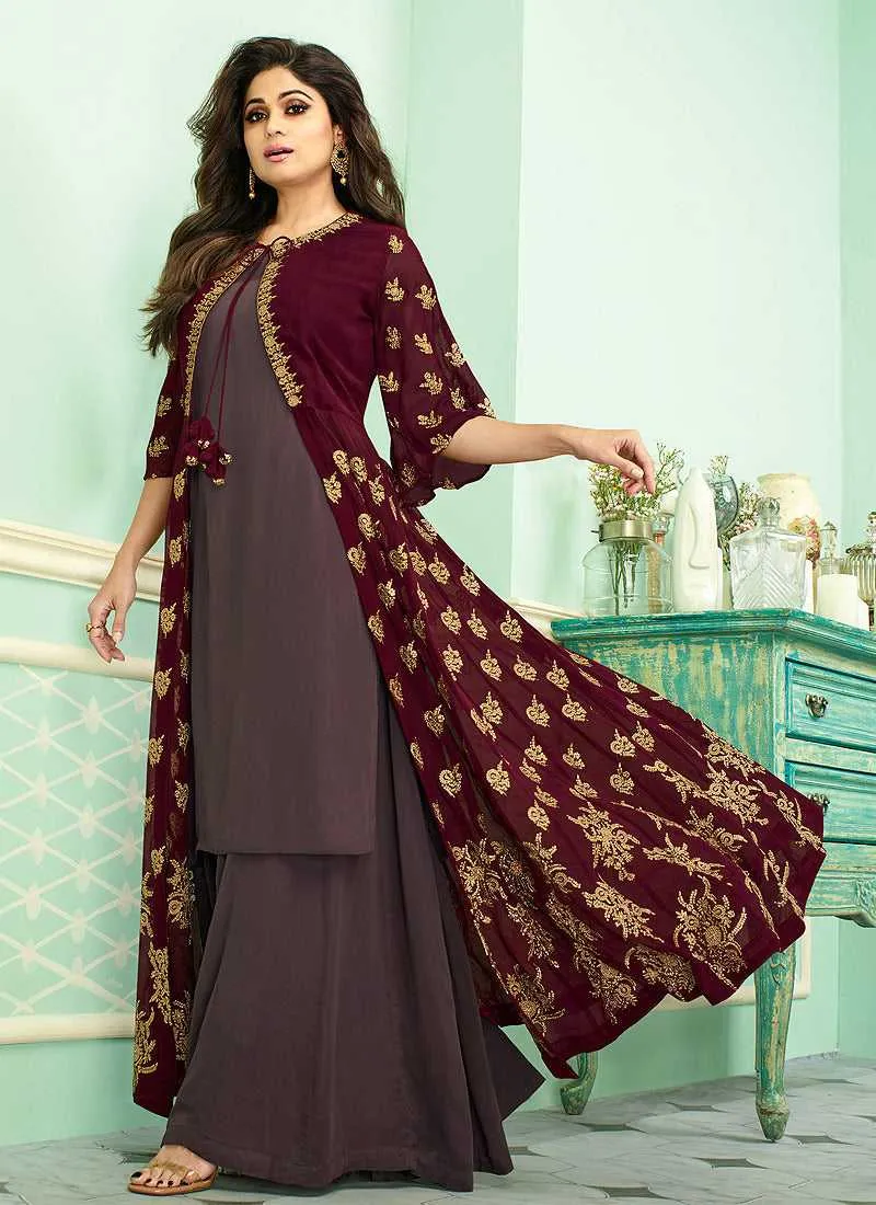 Maroon and Grey Heavy Embroidered Jacket Style Plazzo Suit