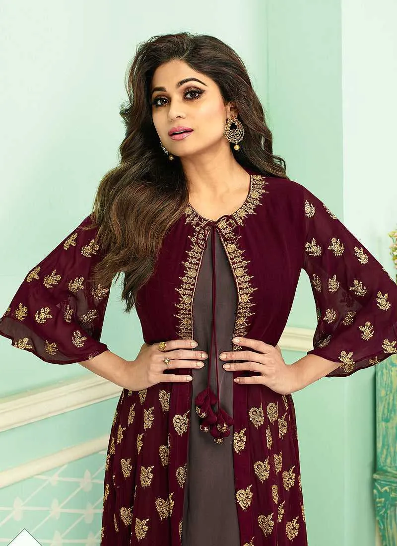 Maroon and Grey Heavy Embroidered Jacket Style Plazzo Suit