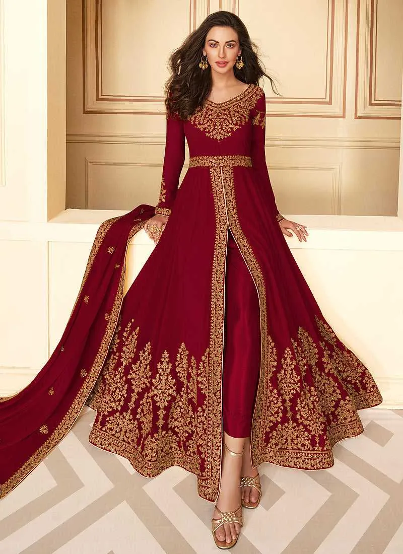 Maroon Heavy Embroidered High Slit Style Anarkali