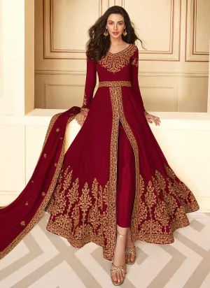 Maroon Heavy Embroidered High Slit Style Anarkali