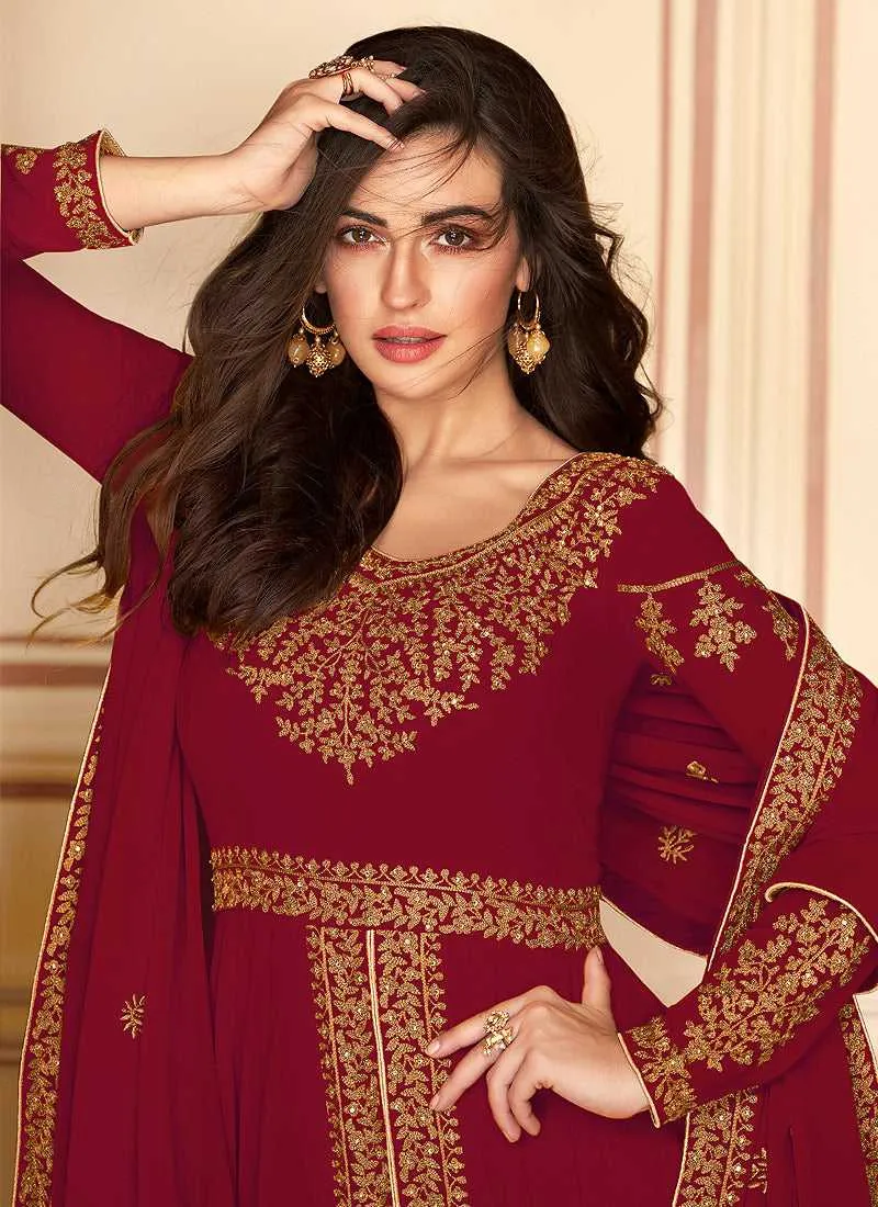 Maroon Heavy Embroidered High Slit Style Anarkali