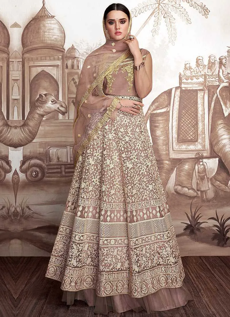 Mauve and Gold Heavy Embroidered Anarkali Suit