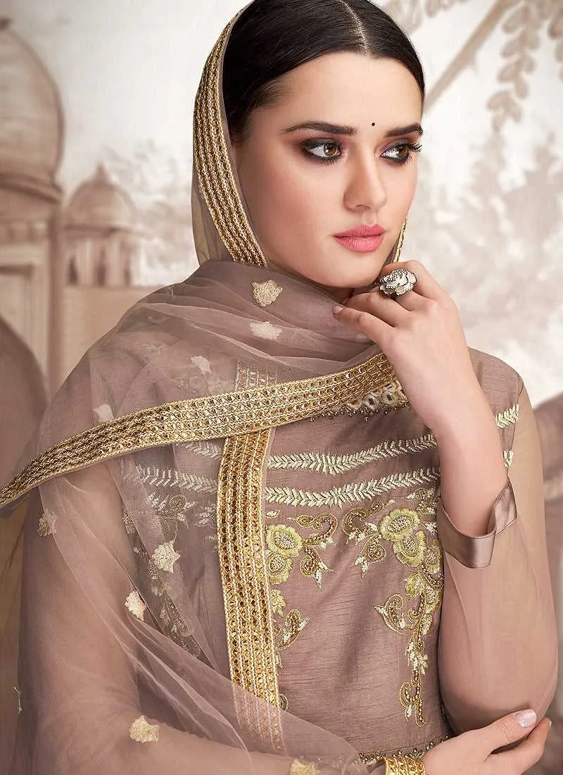 Mauve and Gold Heavy Embroidered Anarkali Suit