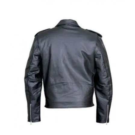 Mens Basic Black Leather Belt Buckled Motorcycle Jacket