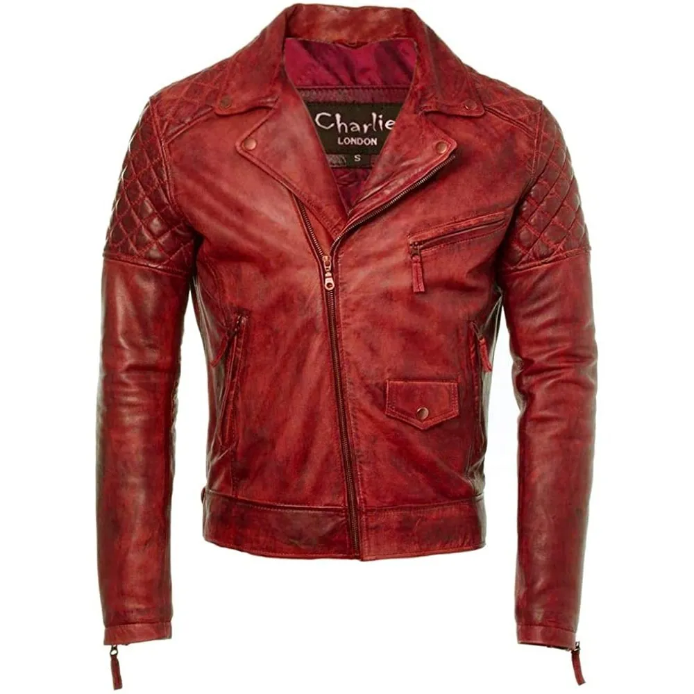 Mens Diamond Red Biker Leather Biker Jacket : Soltau