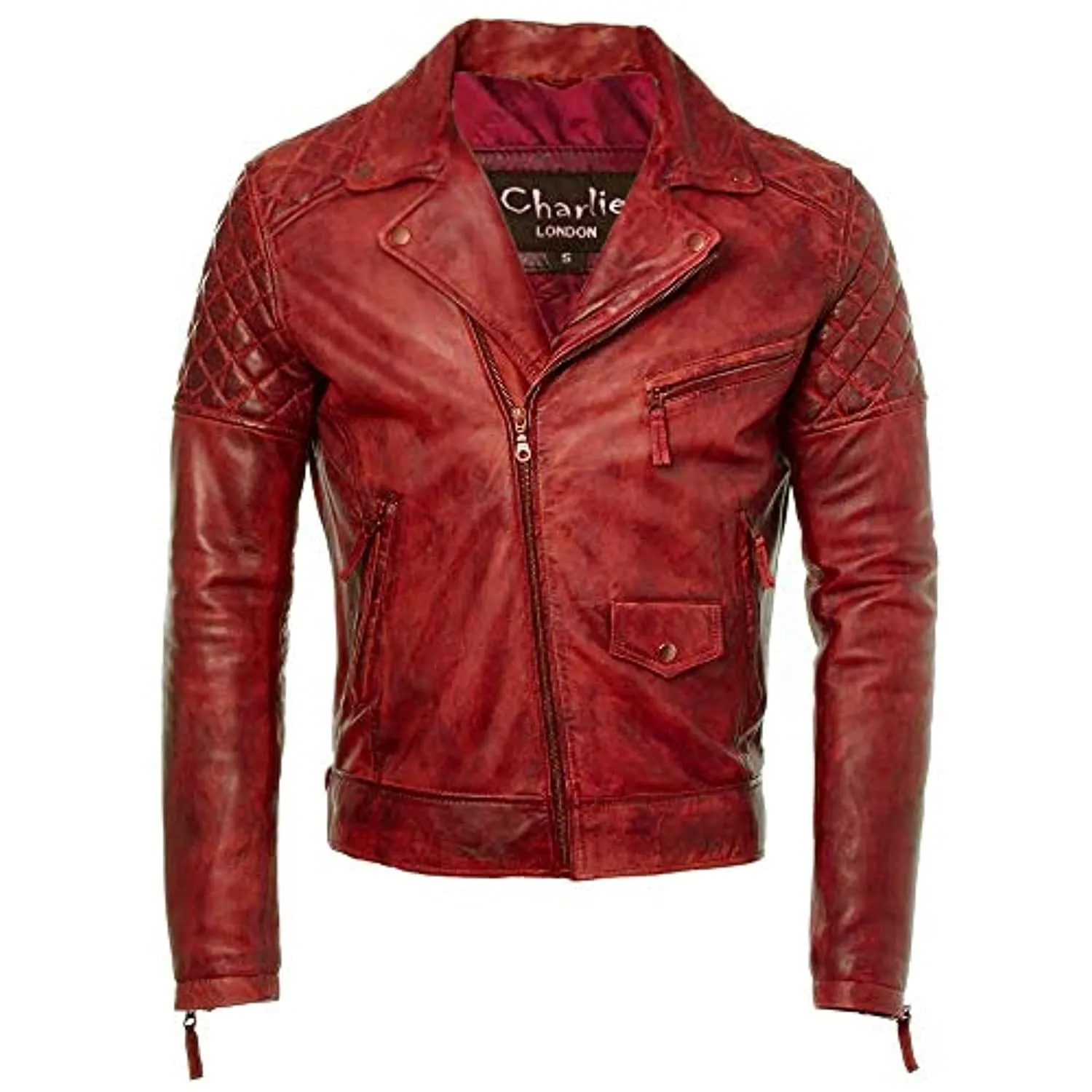 Mens Diamond Red Biker Leather Biker Jacket : Soltau