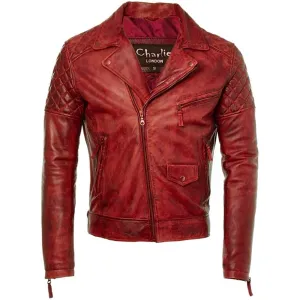 Mens Diamond Red Biker Leather Biker Jacket : Soltau