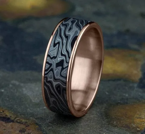 Men's Wedding Band, Mokume Tantalum with 14K Rose Gold Trim