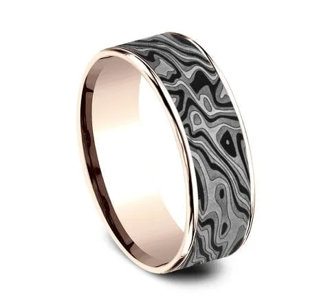 Men's Wedding Band, Mokume Tantalum with 14K Rose Gold Trim