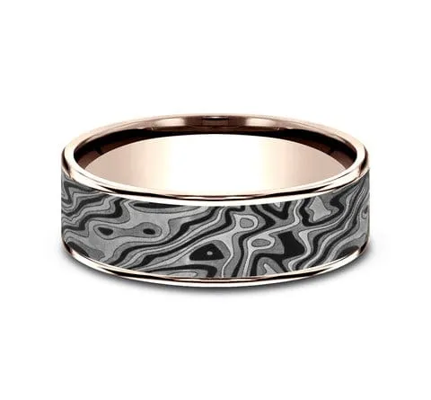 Men's Wedding Band, Mokume Tantalum with 14K Rose Gold Trim