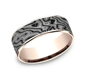 Men's Wedding Band, Mokume Tantalum with 14K Rose Gold Trim