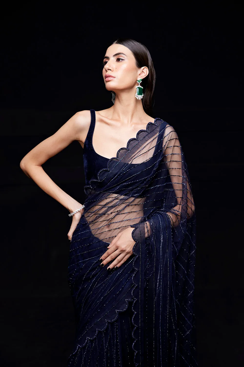 Midnight blue saree with crystal work
