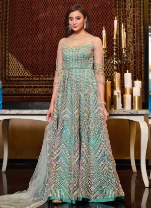 Mint Blue Heavy Embroidered Gown Style Anarkali