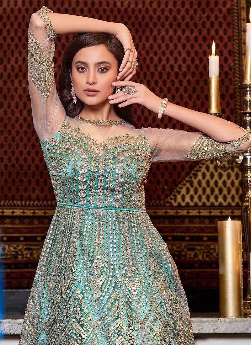Mint Blue Heavy Embroidered Gown Style Anarkali