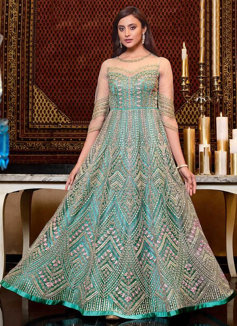 Mint Blue Heavy Embroidered Gown Style Anarkali
