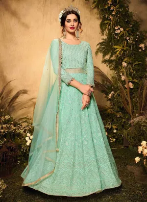 Mint Green and Gold Heavy Embroidered Kalidar Lehenga Style Anarkali