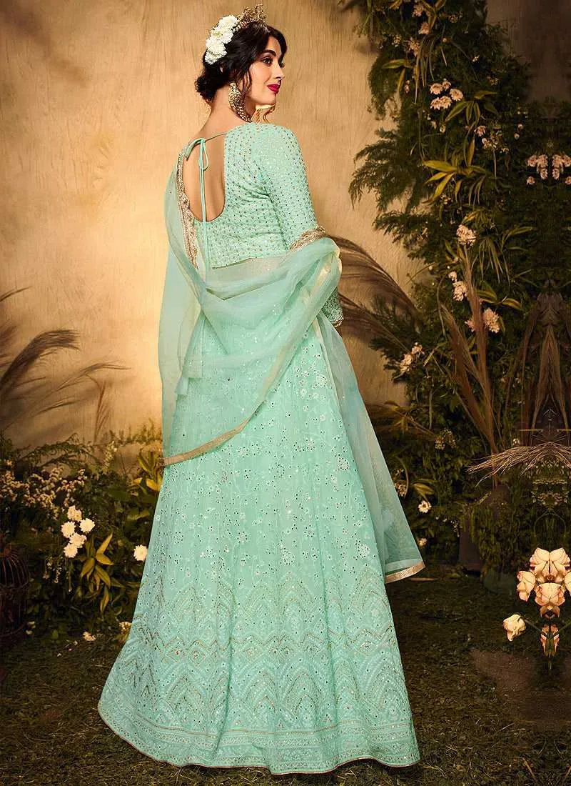 Mint Green and Gold Heavy Embroidered Kalidar Lehenga Style Anarkali