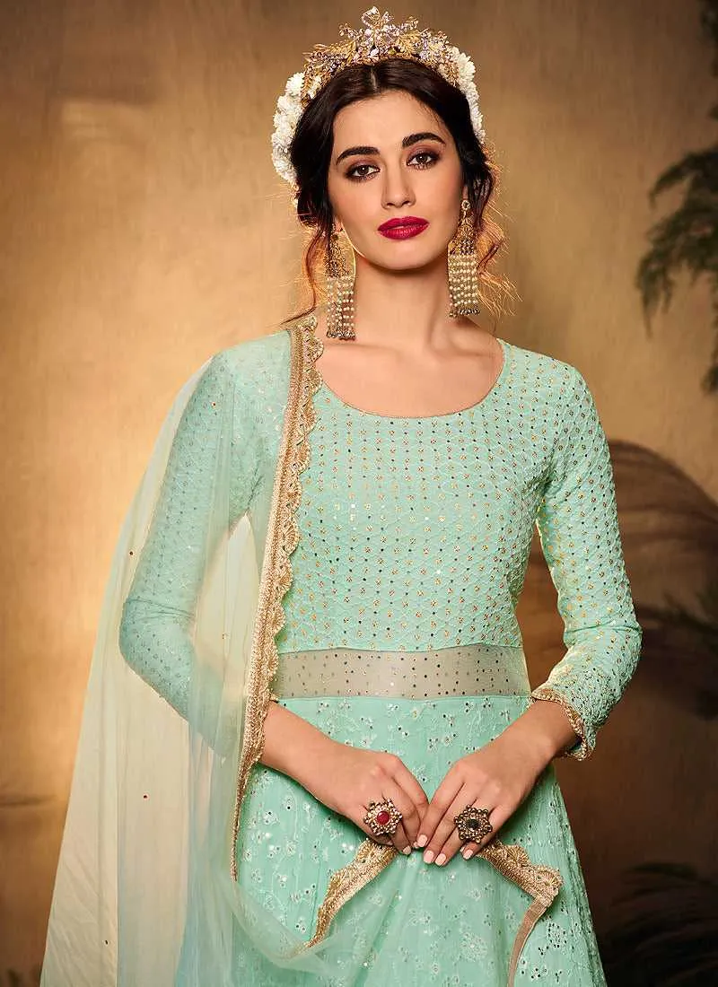 Mint Green and Gold Heavy Embroidered Kalidar Lehenga Style Anarkali