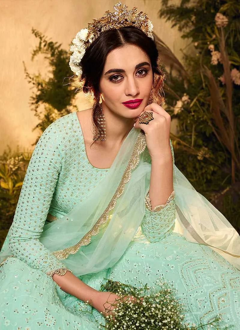 Mint Green and Gold Heavy Embroidered Kalidar Lehenga Style Anarkali