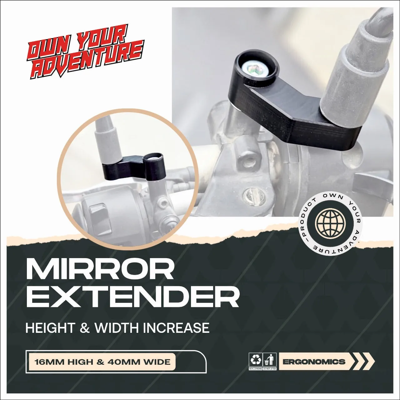 Mirror Width Extender M10x 1.25 - 16mm H   40mm W
