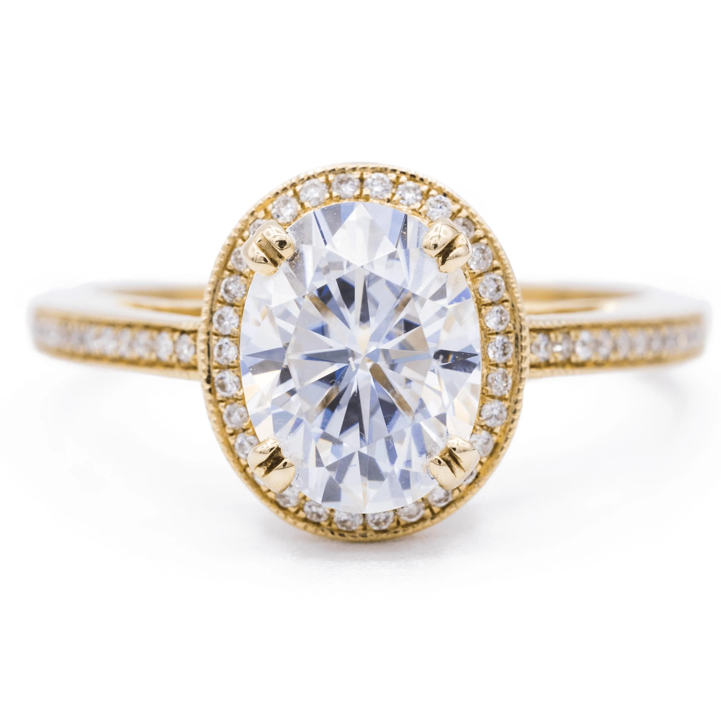 Mystical 9x7mm Oval Center and Diamond Double 4 Prong Milgrain Shank Ring - 14K Yellow Gold