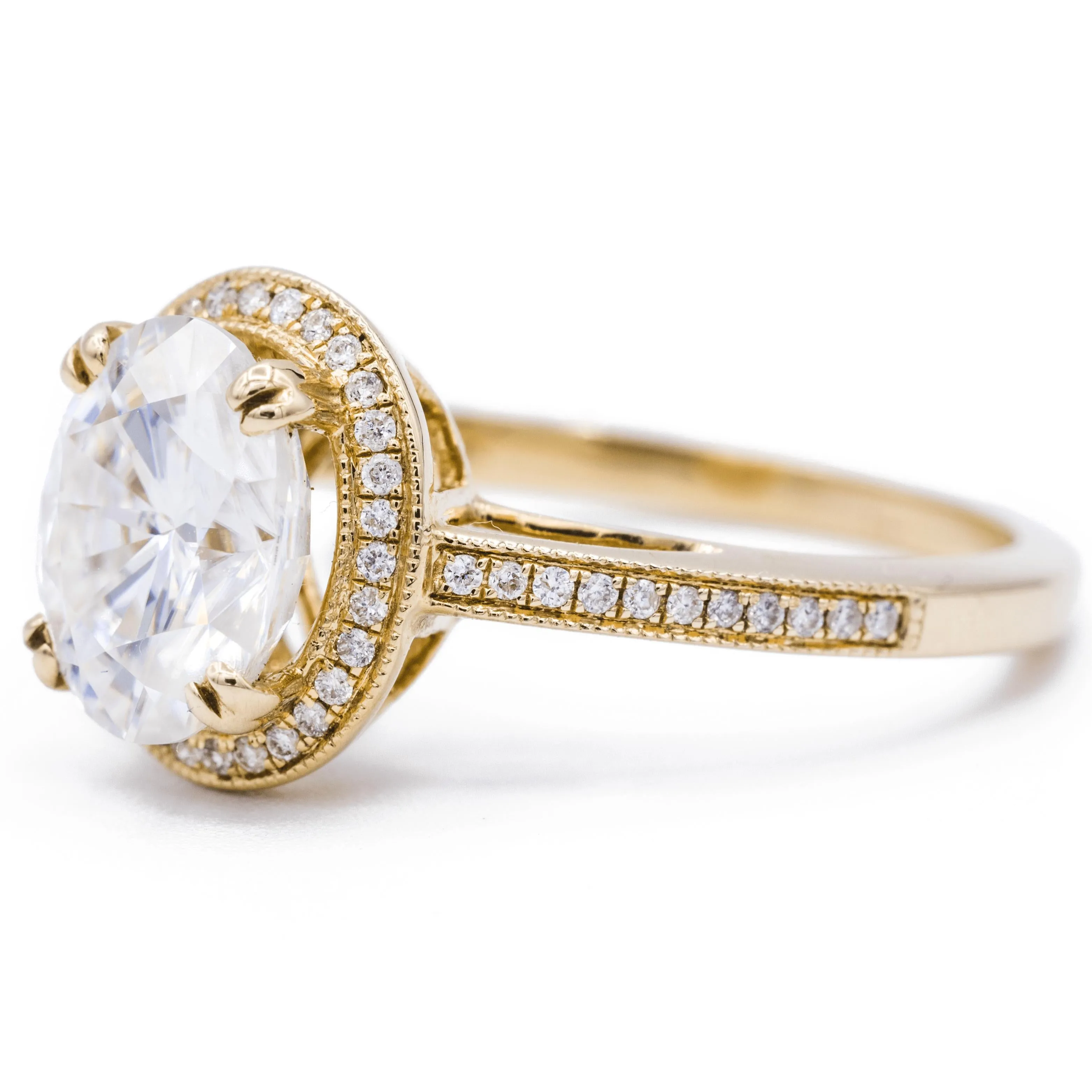 Mystical 9x7mm Oval Center and Diamond Double 4 Prong Milgrain Shank Ring - 14K Yellow Gold