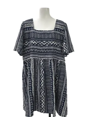 Navy Square Neck Patterned Dress