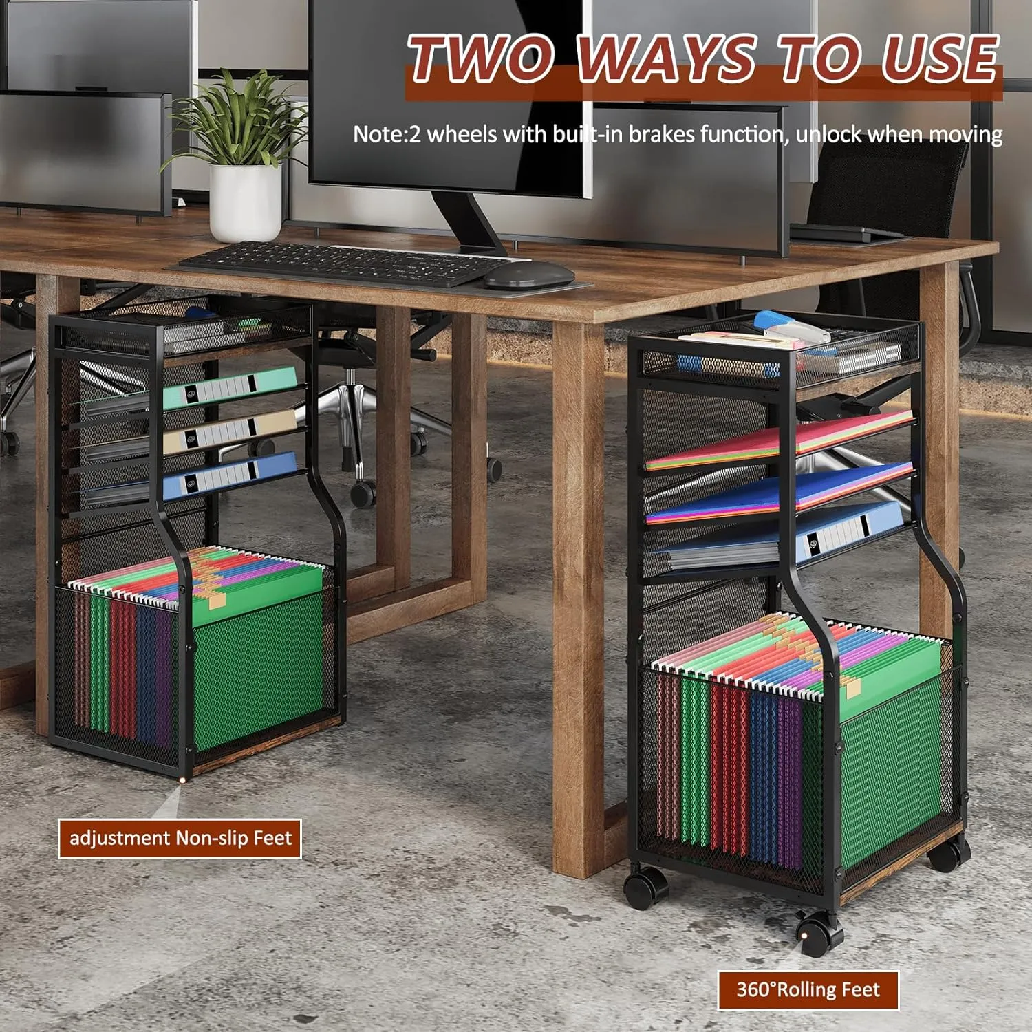 NEW 5-Tier Rolling File Cart with Hanging File Folders, Mobile Desk File Organizer on Lockable Wheels, Wood & Mesh Paper Letter Sliding Trays Organization for Office, Home, School, Patent