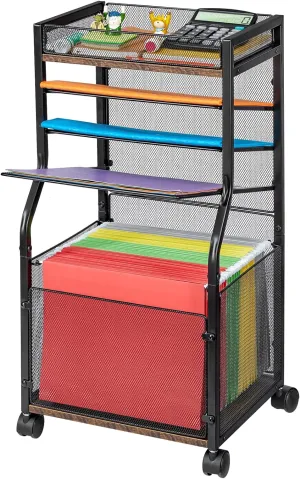 NEW 5-Tier Rolling File Cart with Hanging File Folders, Mobile Desk File Organizer on Lockable Wheels, Wood & Mesh Paper Letter Sliding Trays Organization for Office, Home, School, Patent