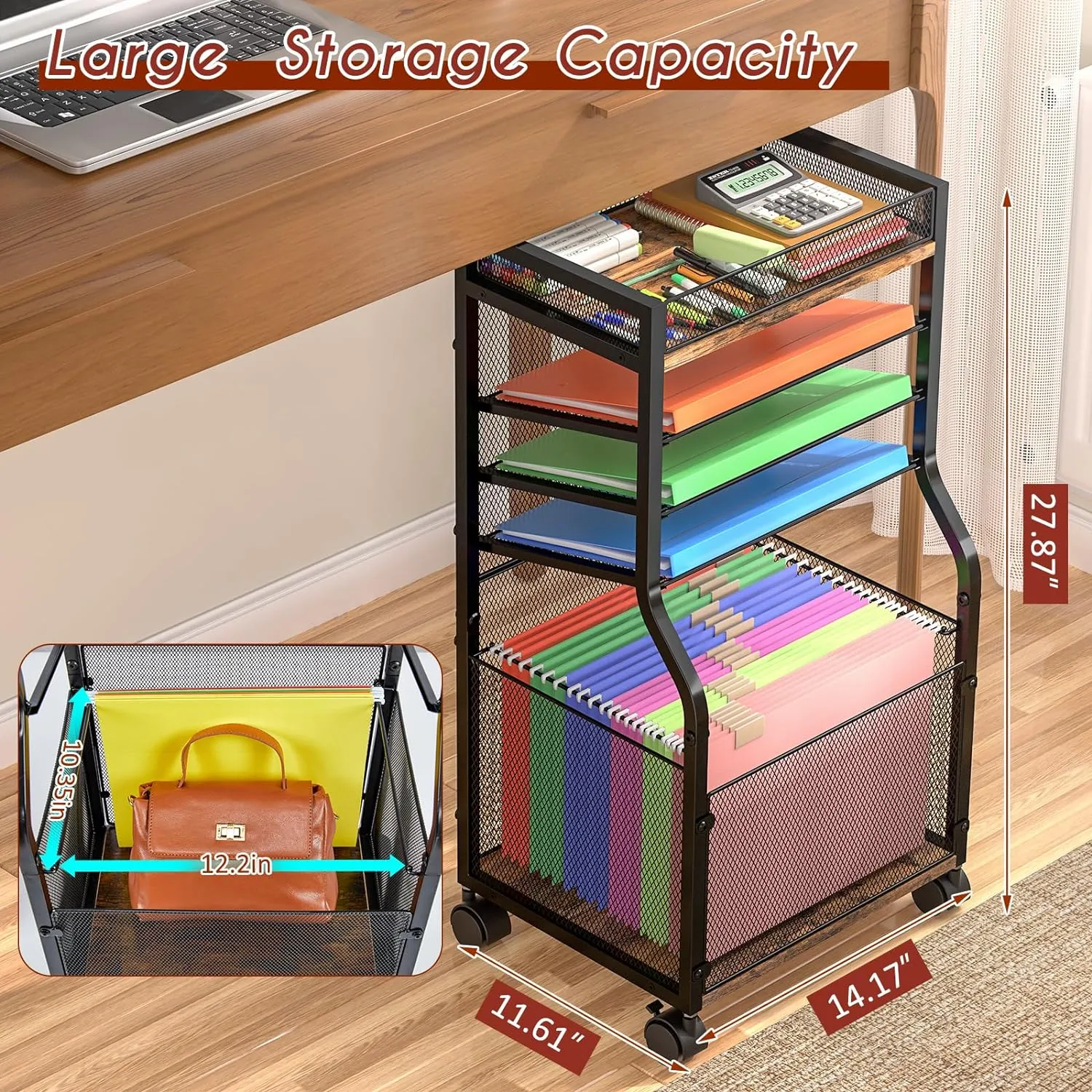 NEW 5-Tier Rolling File Cart with Hanging File Folders, Mobile Desk File Organizer on Lockable Wheels, Wood & Mesh Paper Letter Sliding Trays Organization for Office, Home, School, Patent