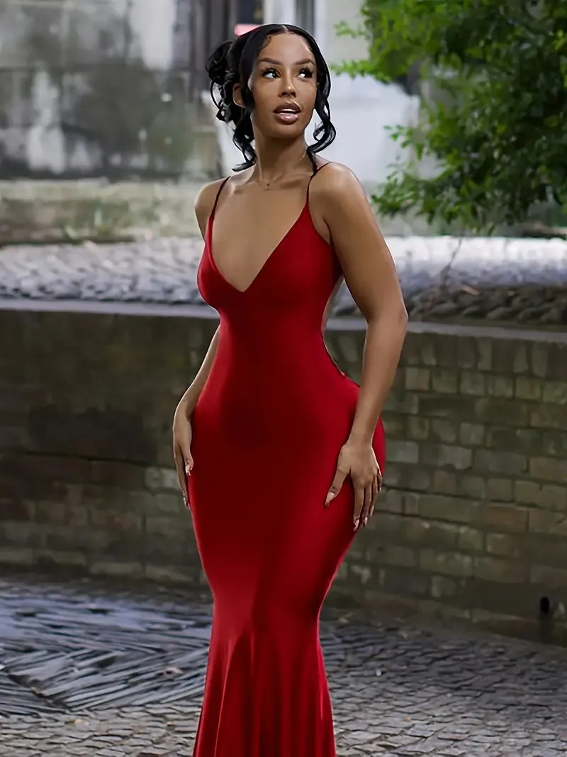 NEW Backless Spaghetti Strap Dress, Sexy V Neck Solid Bodycon Party Club Dress, Women's Clothing - Sz M - Retails $58 