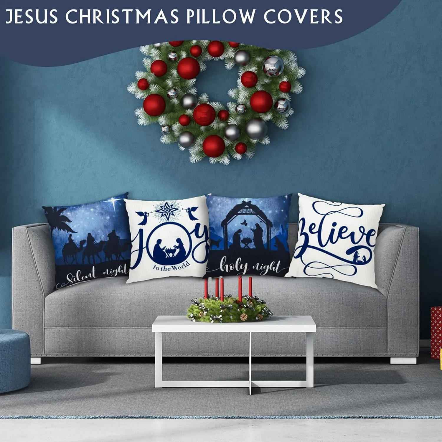 NEW Lounsweer 4 Pieces Christmas Pillow Covers 18 x 18 Nativity Scene Pillow Cover Holy Night Jesus Nativity Throw Pillow Case for Sofa Couch Winter Living Room Farmhouse Decorations Holiday