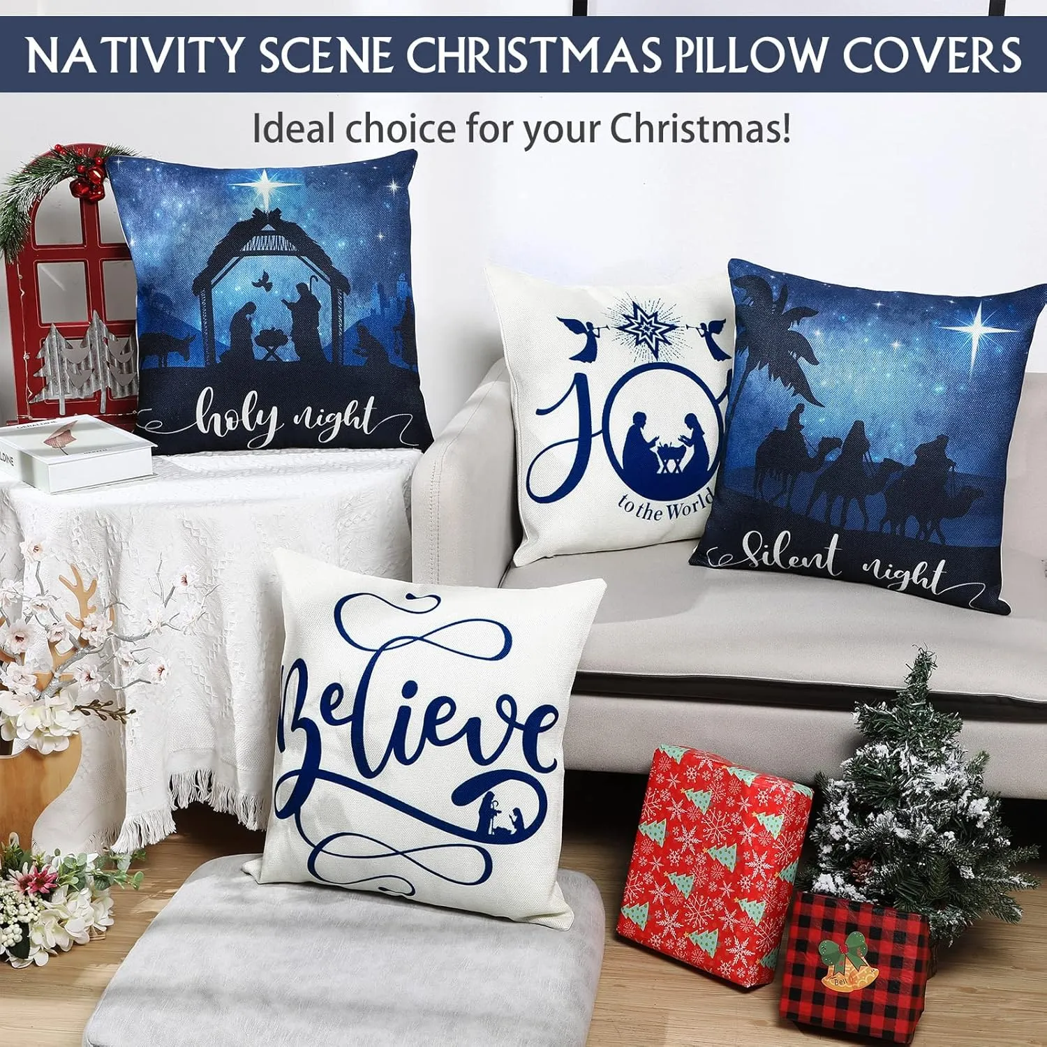 NEW Lounsweer 4 Pieces Christmas Pillow Covers 18 x 18 Nativity Scene Pillow Cover Holy Night Jesus Nativity Throw Pillow Case for Sofa Couch Winter Living Room Farmhouse Decorations Holiday