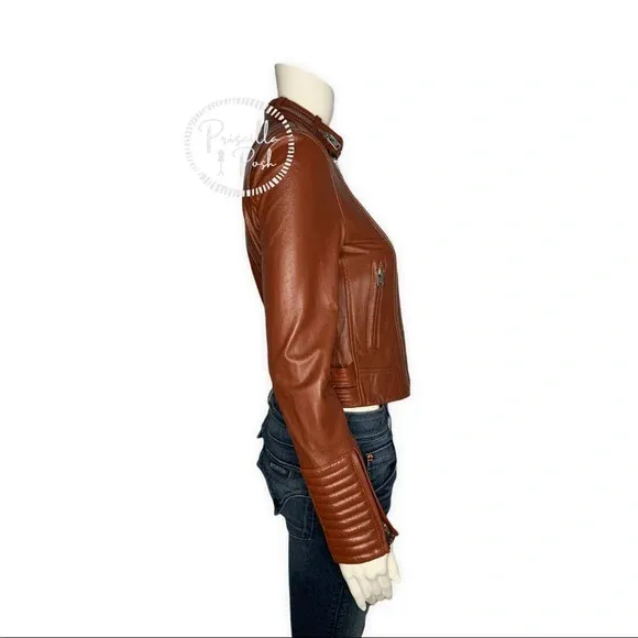 NWT IRO Brown New Luciana Cognac Jacket Moto Crop Biker Leather Jacket