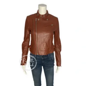 NWT IRO Brown New Luciana Cognac Jacket Moto Crop Biker Leather Jacket