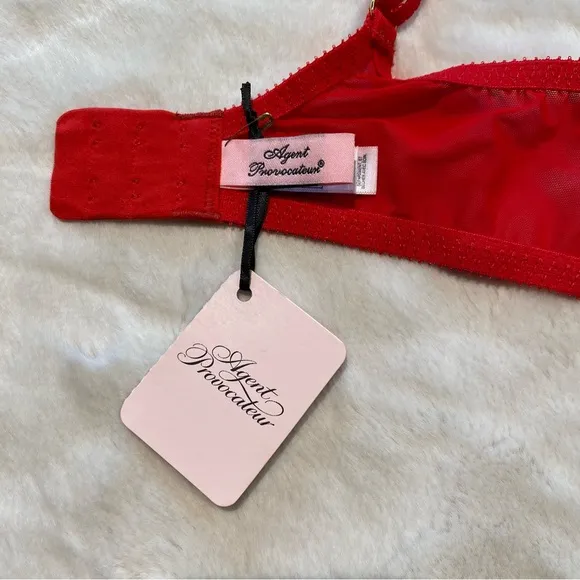 NWT(36C) Agent Provocateur Casper Bra Red Mesh Victorian Embroidery Cherry Logo