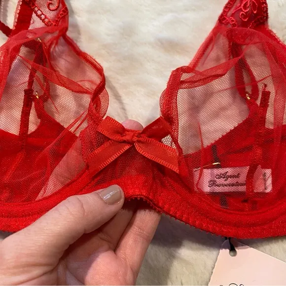NWT(36C) Agent Provocateur Casper Bra Red Mesh Victorian Embroidery Cherry Logo