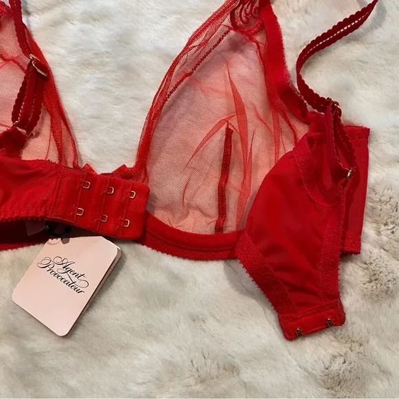 NWT(36C) Agent Provocateur Casper Bra Red Mesh Victorian Embroidery Cherry Logo