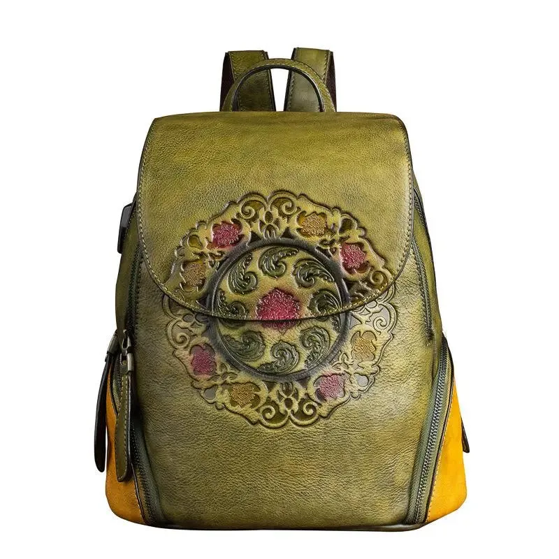 Ocarina Retro Embossed Leather Backpack with USB Power Plug - One Size