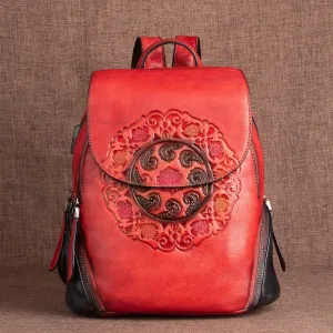 Ocarina Retro Embossed Leather Backpack with USB Power Plug - One Size