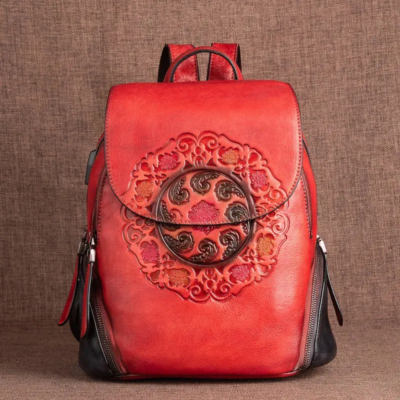 Ocarina Retro Embossed Leather Backpack with USB Power Plug - One Size