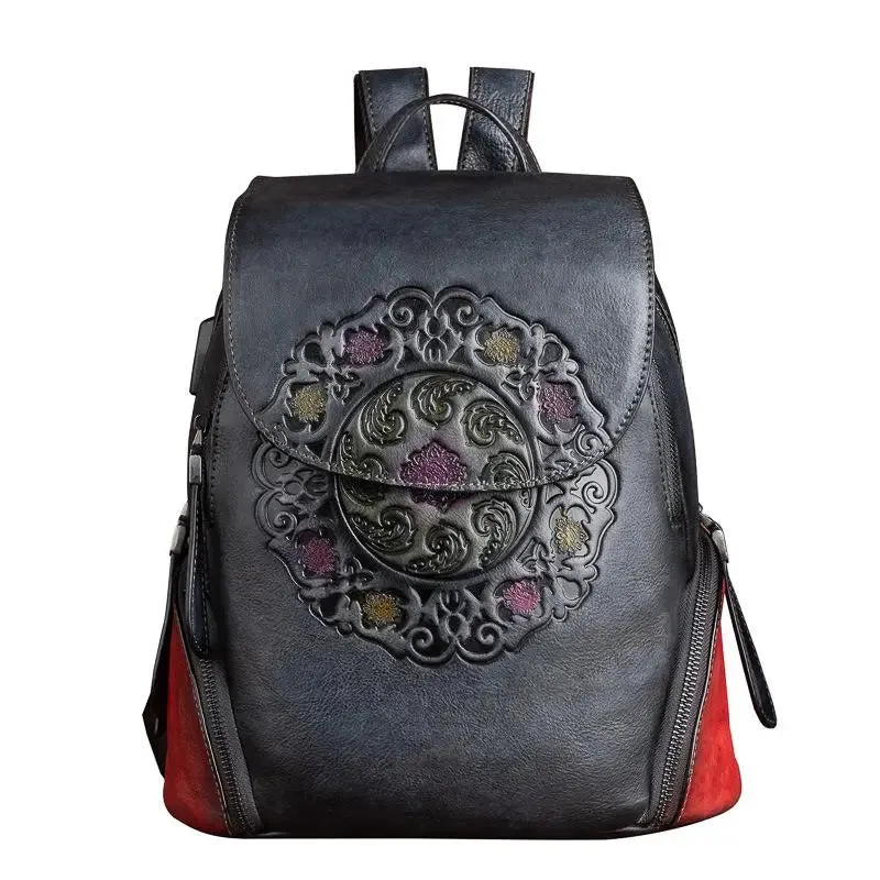 Ocarina Retro Embossed Leather Backpack with USB Power Plug - One Size