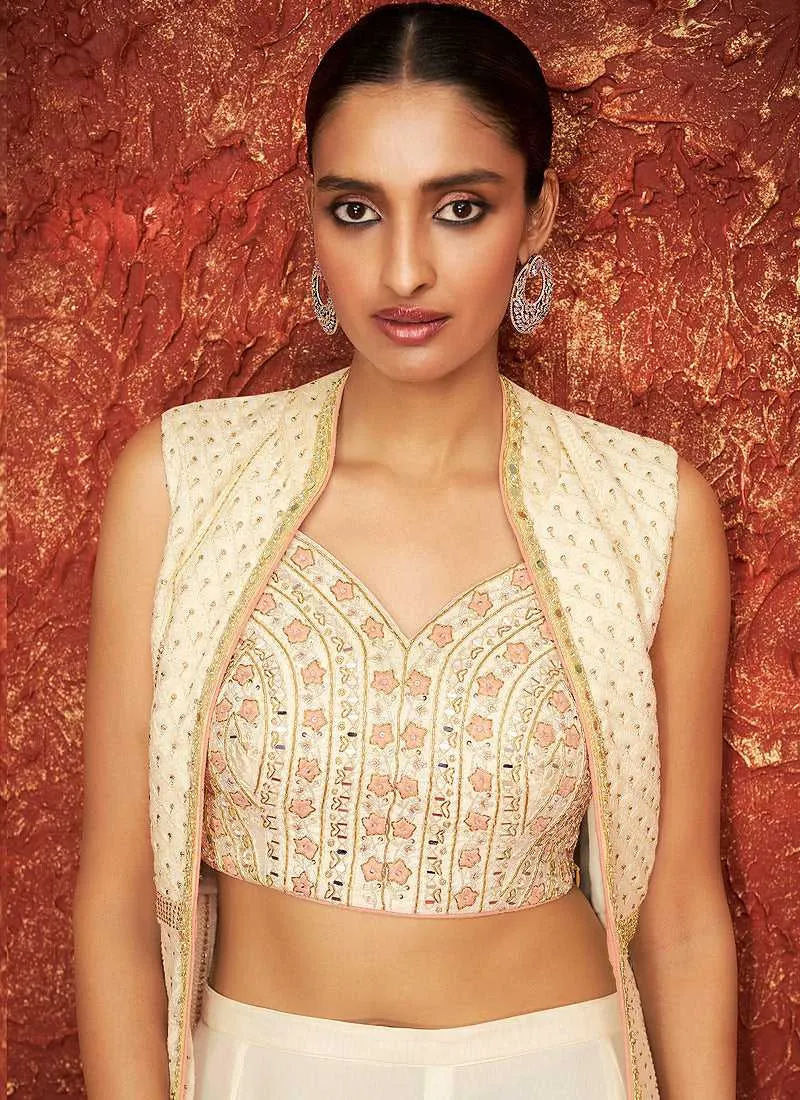 Off White Embroidered Jacket Style Anarkali