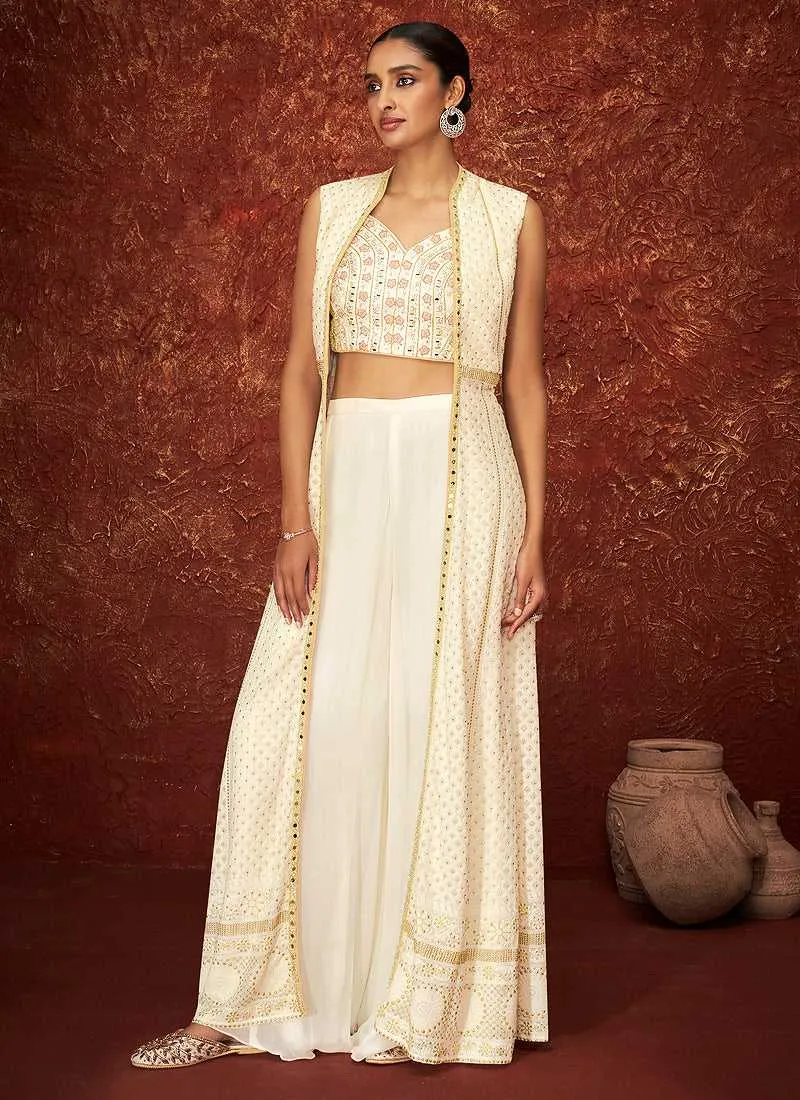 Off White Embroidered Jacket Style Anarkali