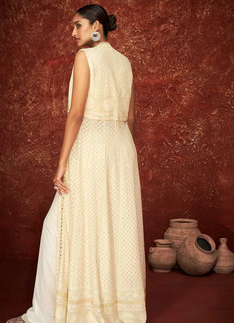 Off White Embroidered Jacket Style Anarkali