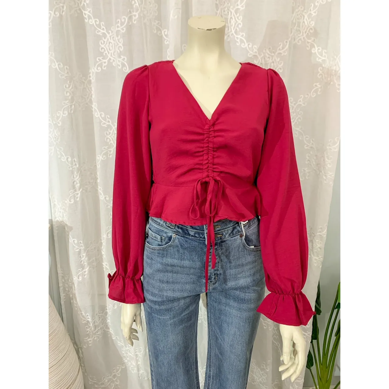 Oh So Sweet Drawstring Woven Top - Berry