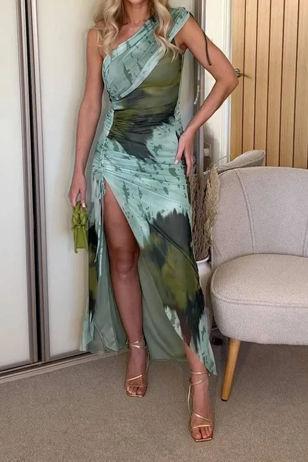 One-shoulder Printed Drawstring Pleated Dress