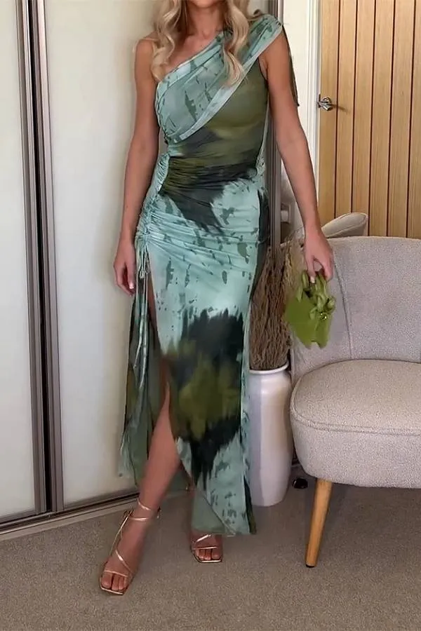 One-shoulder Printed Drawstring Pleated Dress