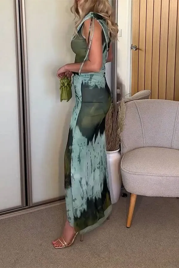 One-shoulder Printed Drawstring Pleated Dress