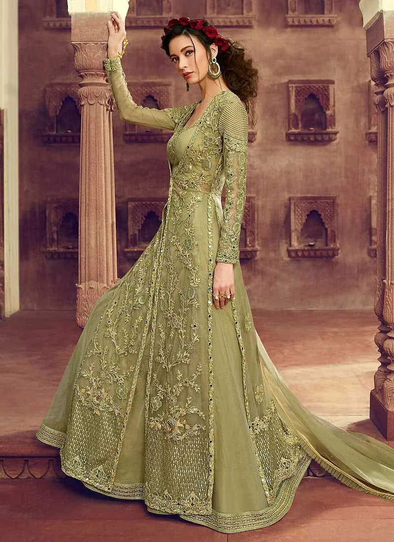 Pastel Green Heavy Embroidered Jacket Style Lehenga